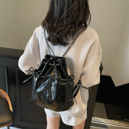 Chain Strap Plain Bow Faux Leather Backpack