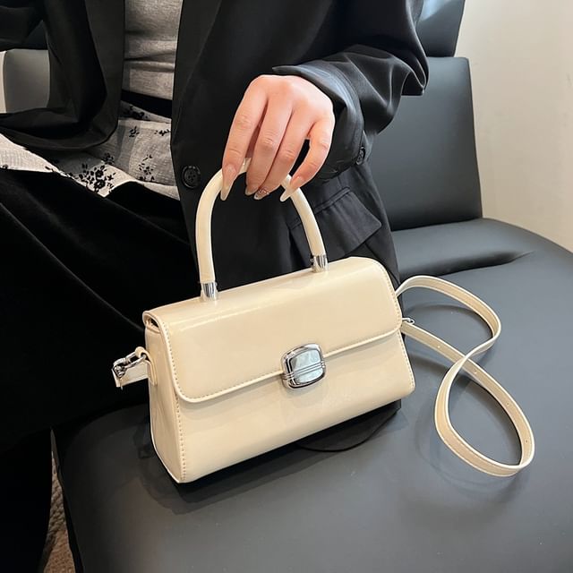 Top Handle Plain Faux Leather Flap Crossbody Bag
