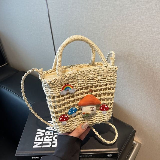 Top Handle Mushroom Applique Straw Crossbody Bag