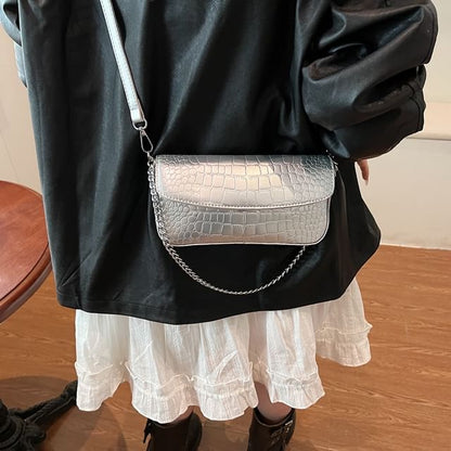 Chain Strap Textured Faux Leather Flap Crossbody Bag