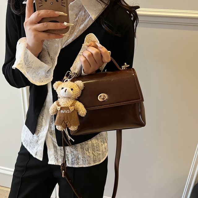 Top Handle Twist Lock Flap Faux Leather Crossbody Bag / Bag Charm / Set