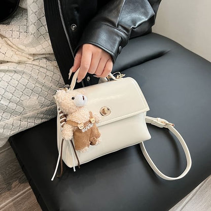 Top Handle Twist Lock Flap Faux Leather Crossbody Bag / Bag Charm / Set