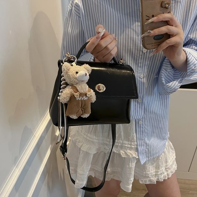 Top Handle Twist Lock Flap Faux Leather Crossbody Bag / Bag Charm / Set