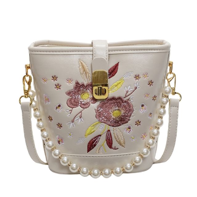 Floral Embroidered Faux Pearl Strap Bucket Bag