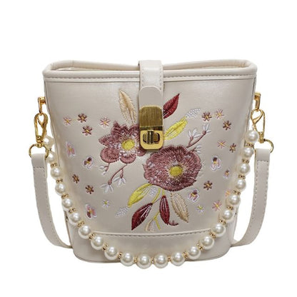 Floral Embroidered Faux Pearl Strap Bucket Bag