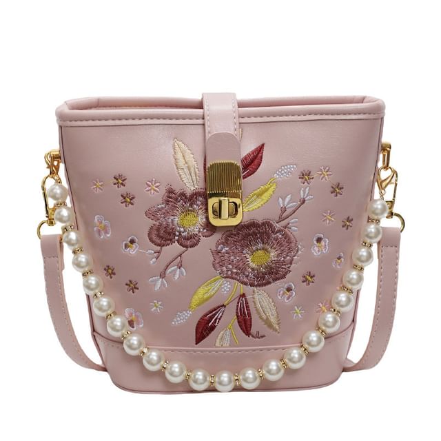 Floral Embroidered Faux Pearl Strap Bucket Bag