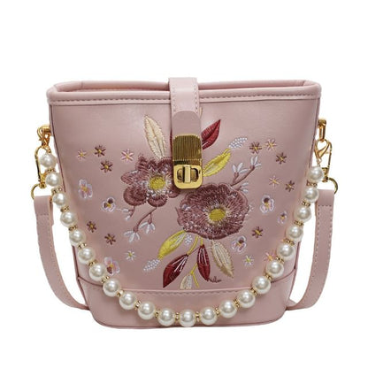 Floral Embroidered Faux Pearl Strap Bucket Bag