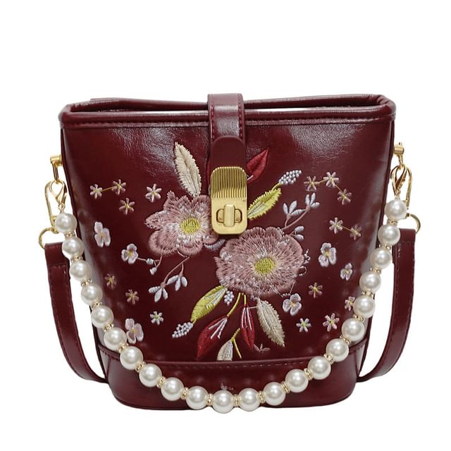 Floral Embroidered Faux Pearl Strap Bucket Bag