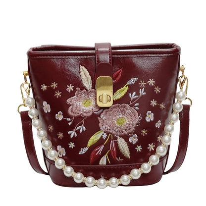 Floral Embroidered Faux Pearl Strap Bucket Bag