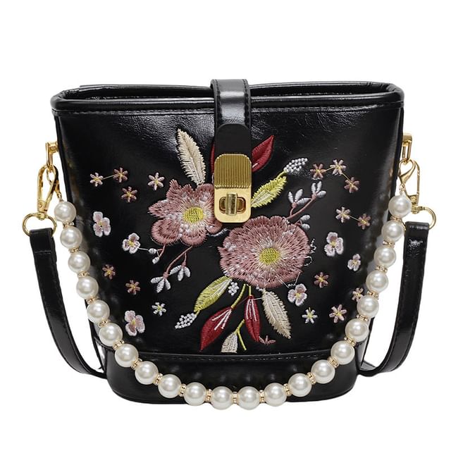 Floral Embroidered Faux Pearl Strap Bucket Bag