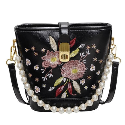 Floral Embroidered Faux Pearl Strap Bucket Bag