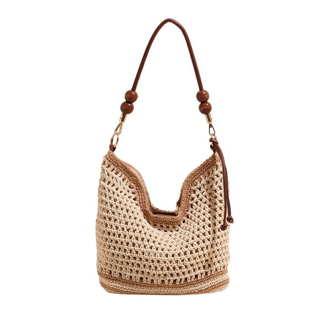 Beaded Strap Woven Tote Bag