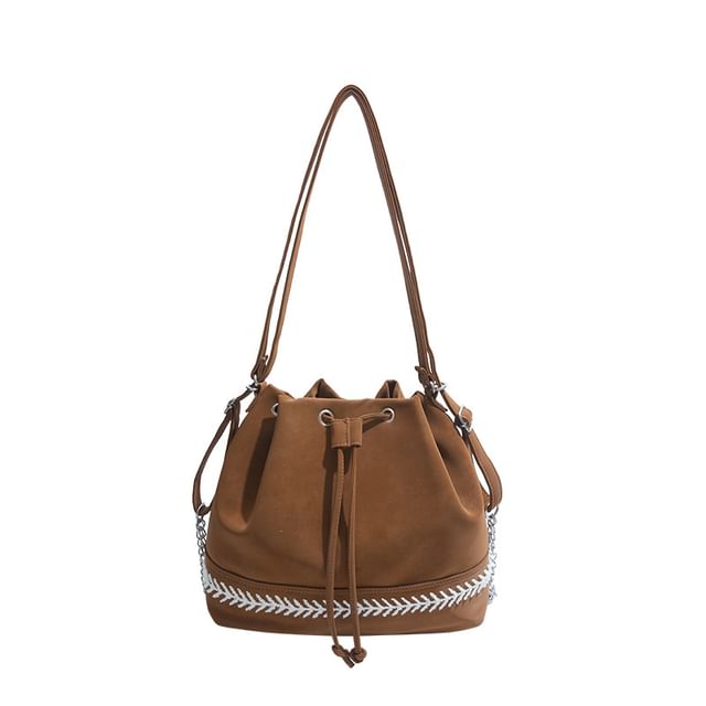 Two Tone Drawstring Faux Leather Bucket Bag