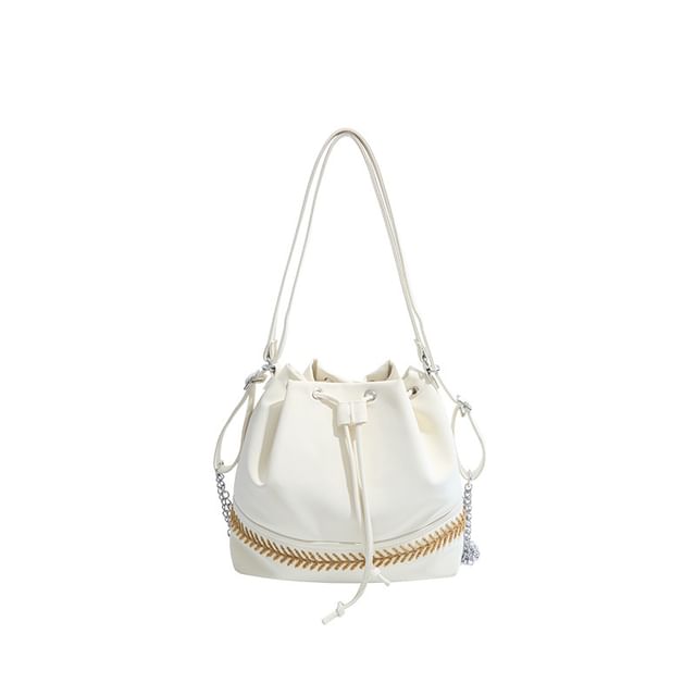 Two Tone Drawstring Faux Leather Bucket Bag