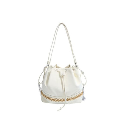 Two Tone Drawstring Faux Leather Bucket Bag