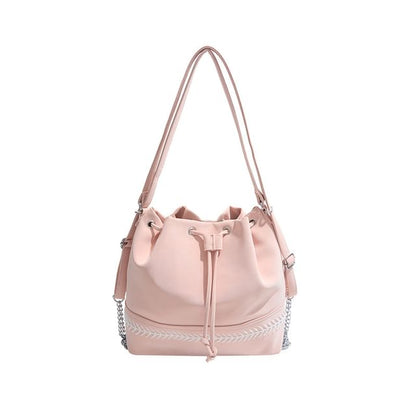 Two Tone Drawstring Faux Leather Bucket Bag