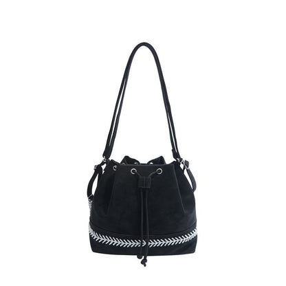 Two Tone Drawstring Faux Leather Bucket Bag