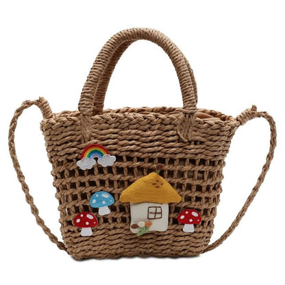 Top Handle Mushroom Applique Straw Crossbody Bag
