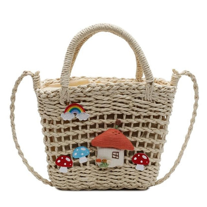 Top Handle Mushroom Applique Straw Crossbody Bag