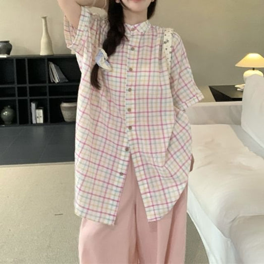3/4-Sleeve Stand Collar Plaid Button-Up Oversized Blouse
