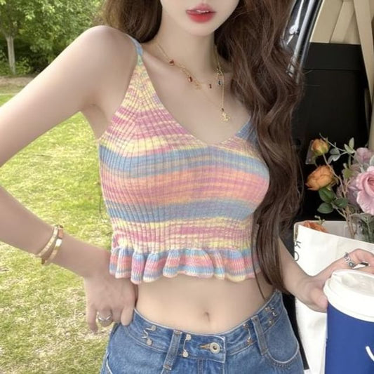 V-Neck Tie Dye Ruffle Hem Crop Camisole Top