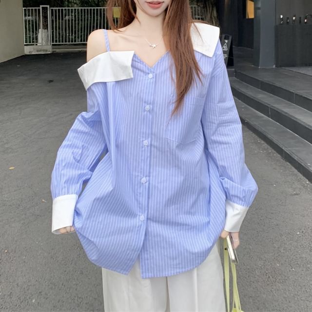 Long-Sleeve Cold Shoulder Striped Asymmetrical Button-Up Blouse