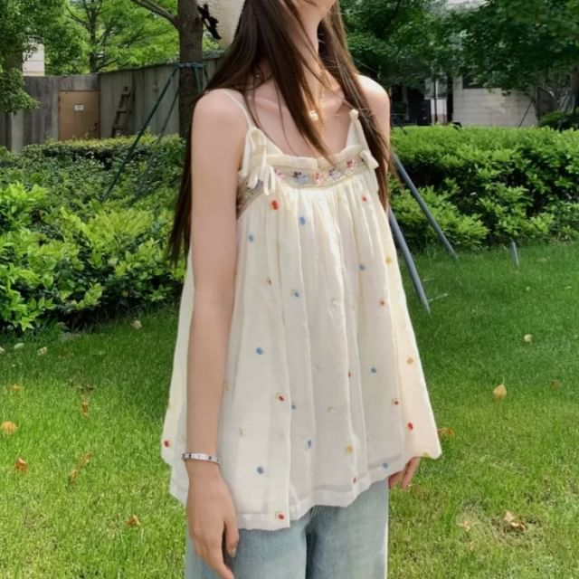 Embroidered Bow Accent Frill Trim Flowy Camisole Top