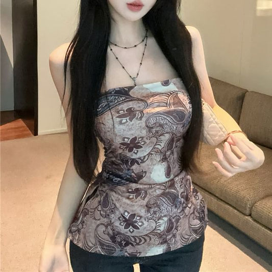 Paisley Print Ruched Slit Tube Top