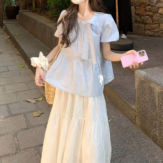 Puff-Sleeve Crew Neck Bow Accent Lace Trim Blouse