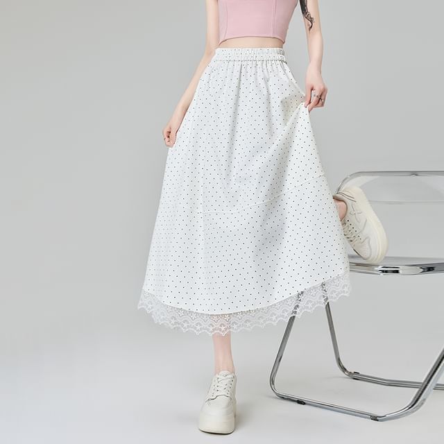 High Waist Dotted Lace Panel Midi A-Line Skirt