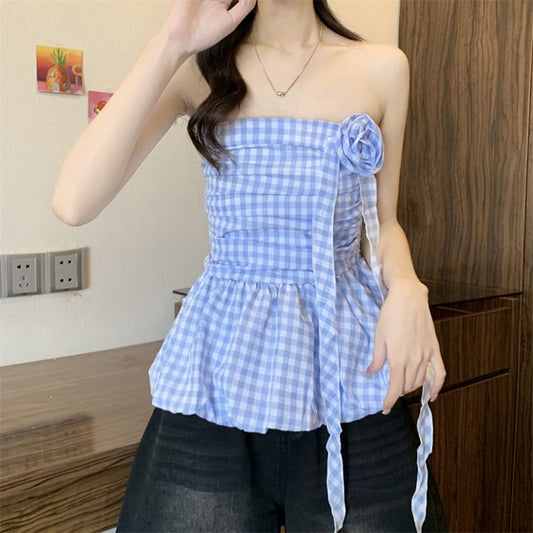 Gingham Floral Accent Ruched Bubble Hem Tube Top