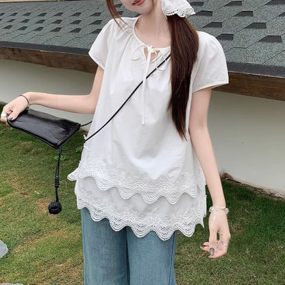 Short-Sleeve Notch Neck Plain Lace Panel Layered Tie Front Blouse