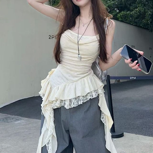 Cowl Neck Asymmetrical Lace Panel Ruffle Hem Camisole Top