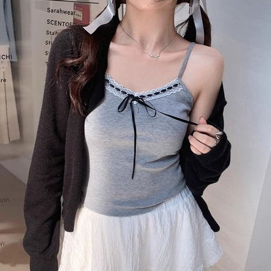 V-Neck Plain Bow Accent Lace Trim Crop Cami Top