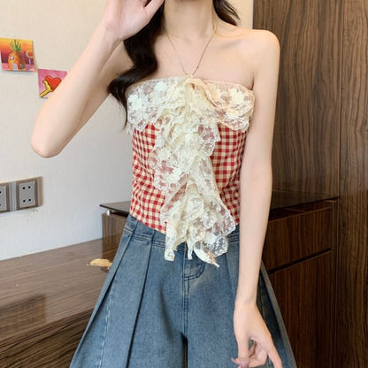 Gingham Lace Panel Crop Tube Top