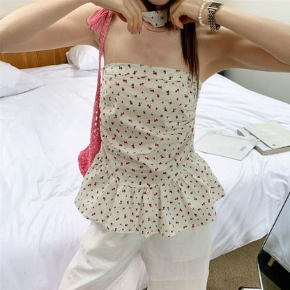 Floral Print Ruched Ruffle Hem Tube Top