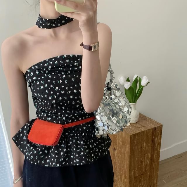 Floral Print Ruched Ruffle Hem Tube Top