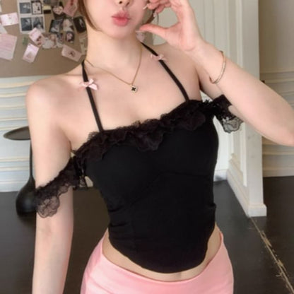 Cap-Sleeve Halter Neck Plain Lace Panel Bow Accent Slim Fit Crop Top