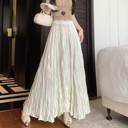 High Waist Plain Asymmetrical Crinkle Maxi A-Line Skirt
