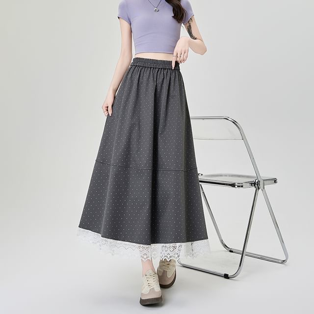 High Waist Dotted Lace Panel Midi A-Line Skirt