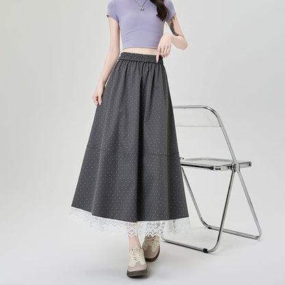 High Waist Dotted Lace Panel Midi A-Line Skirt