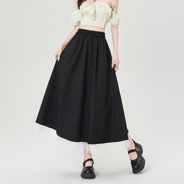 High Waist Dotted Lace Panel Midi A-Line Skirt