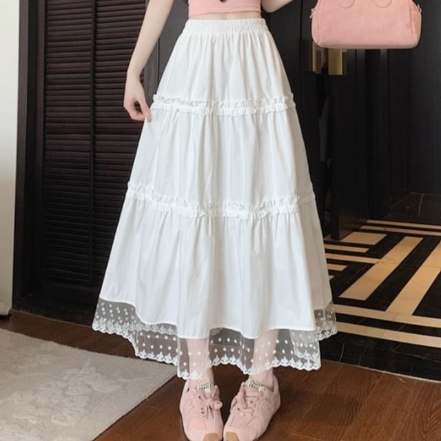 High Waist Lace Panel Frill Trim Midi A-Line Skirt
