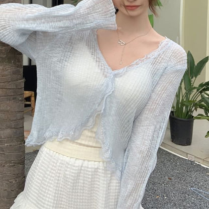 V-Neck Lace Trim One-Buttoned Plain Sheer Crop Cardigan