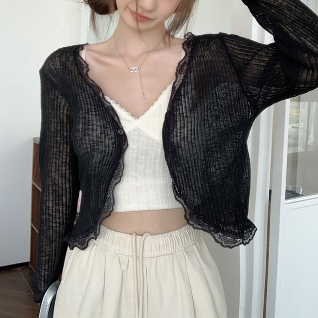 V-Neck Lace Trim One-Buttoned Plain Sheer Crop Cardigan