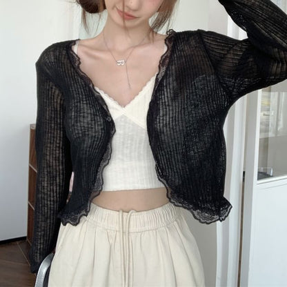V-Neck Lace Trim One-Buttoned Plain Sheer Crop Cardigan