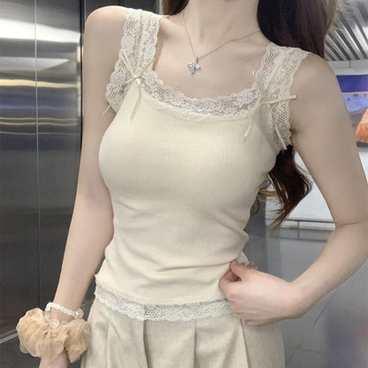 Scoop Neck Lace Panel Bow Accent Slim Fit Crop Tank Top