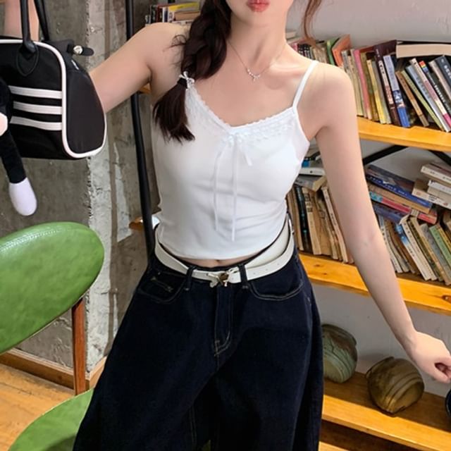 V-Neck Plain Bow Accent Lace Trim Crop Cami Top