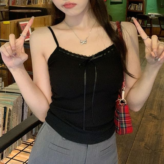 V-Neck Plain Bow Accent Lace Trim Crop Cami Top