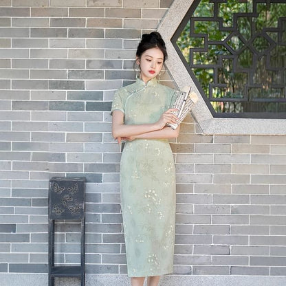 Short-Sleeve Floral Print Midi Sheath Qipao Dress